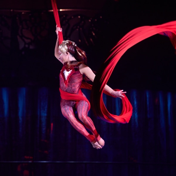 acrobat silk dress Female model aerial silks acrobat posing in a wedding dress in the air Stock Photo